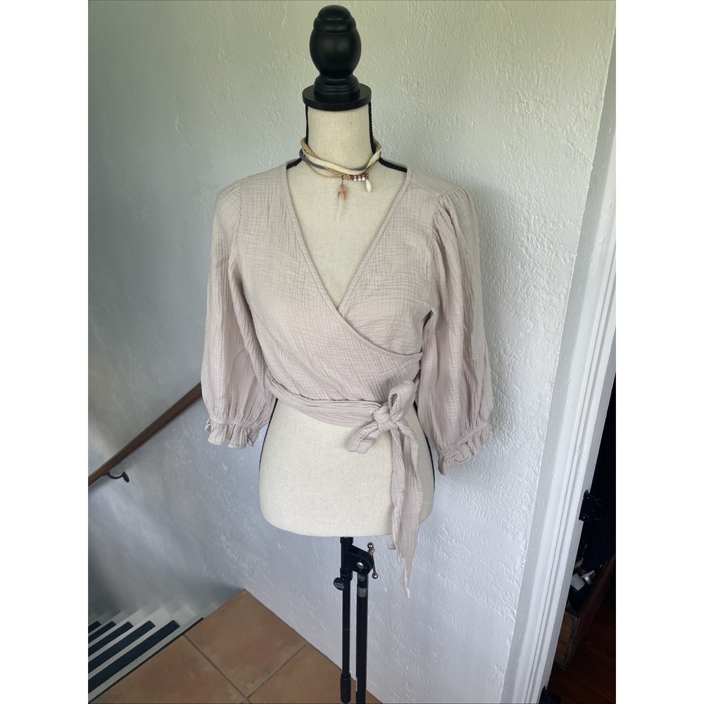 Olivaceous Women's 3/4 Length‎ Puffed Sleeves Wrap Around Blouse With Tie